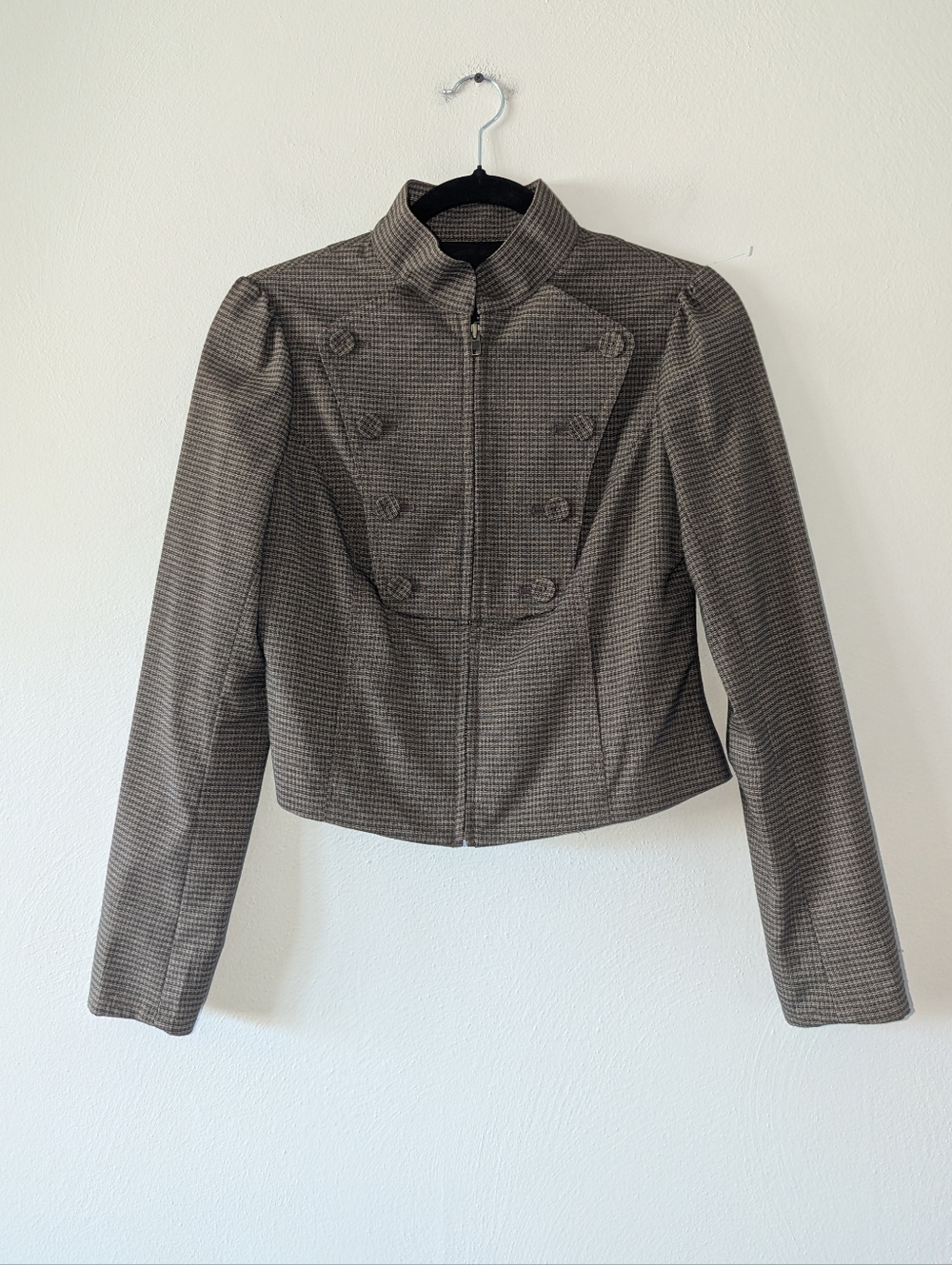 XS The Limited Y2K Brown Plaid Military Button Zip Front Jacket